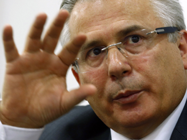 Former Spanish judge Garzon gestures during conference on disappearances in Spain ahead of UN review in Geneva